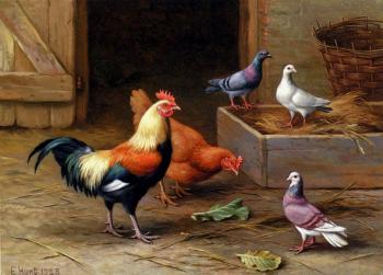 Edgar Hunt : Chickens Pigeons And A Dove